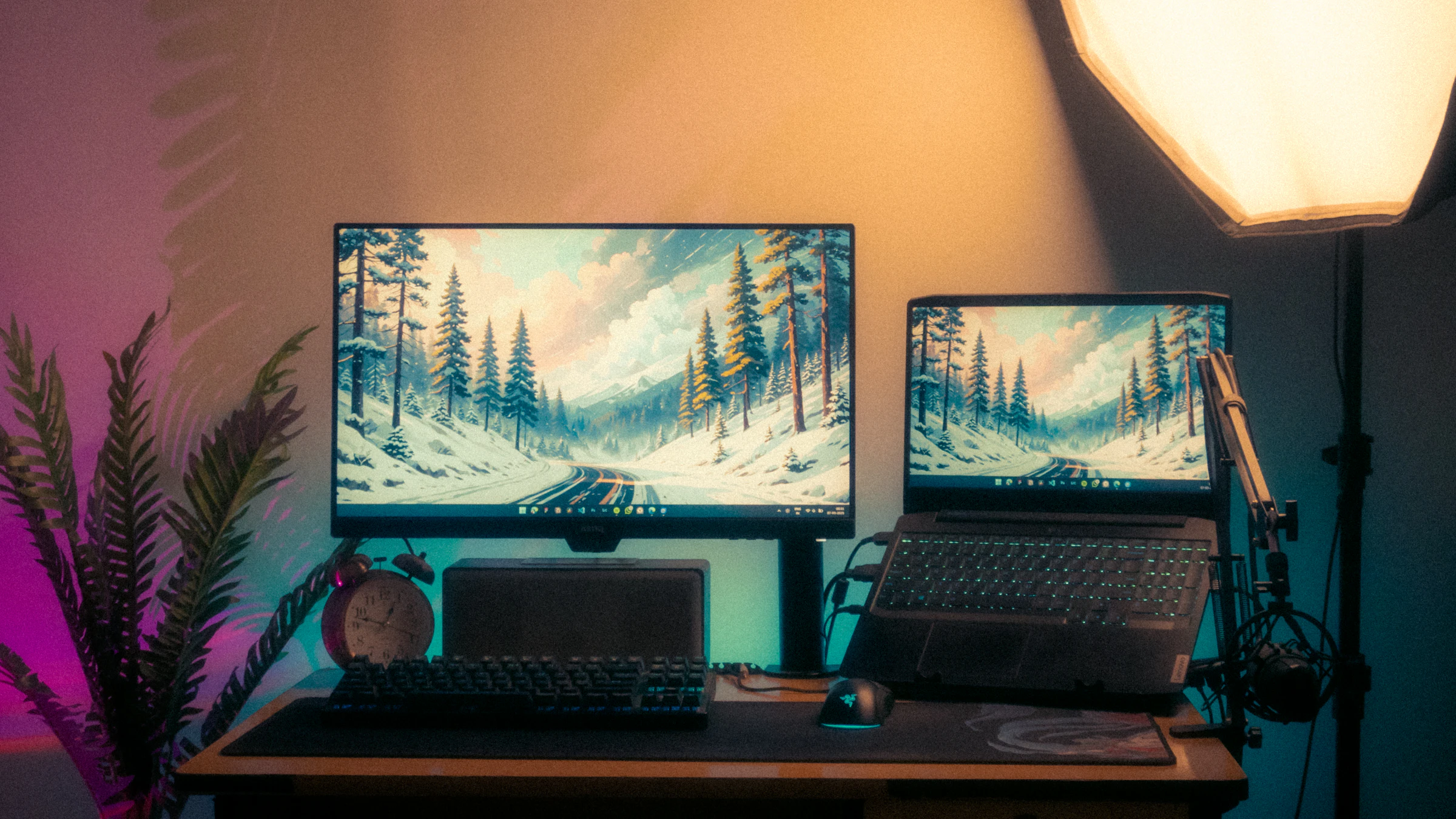 Modern desk setup with dual monitors (a practical view of AI-enabled analytics work)