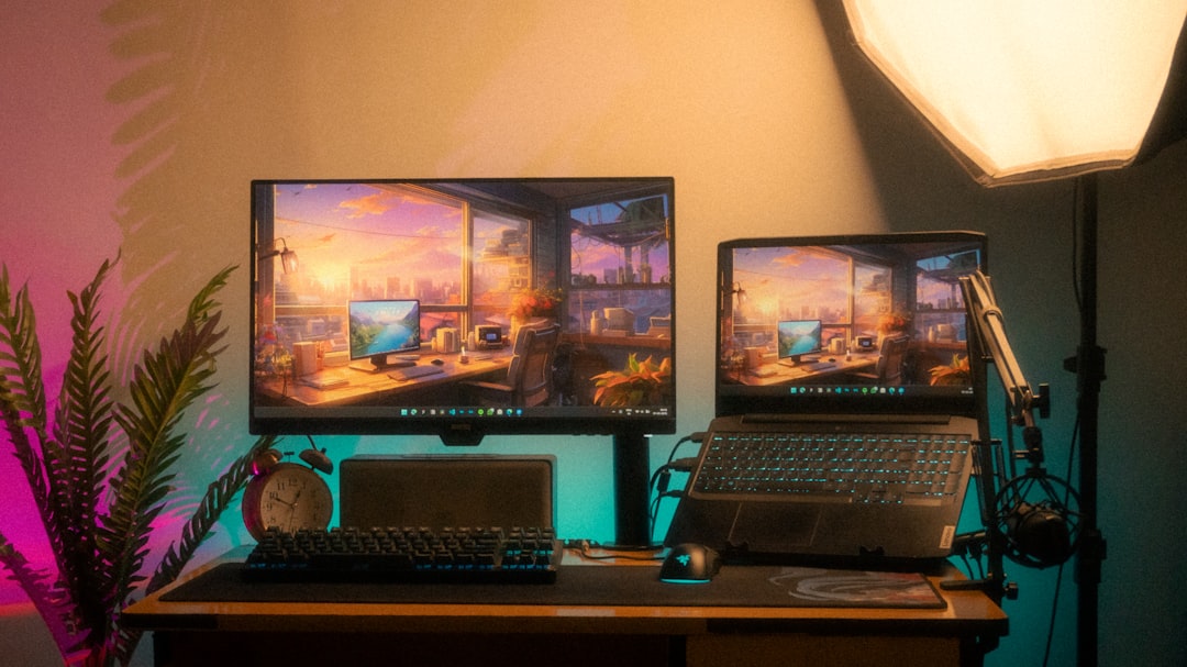 A modern desk setup with two screens and equipment., Productive desk setup, to get inspired and be creative.