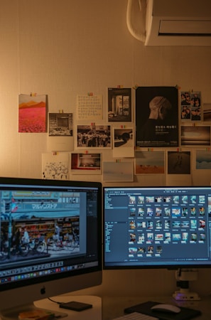 Cozy home office setup with computer monitors.