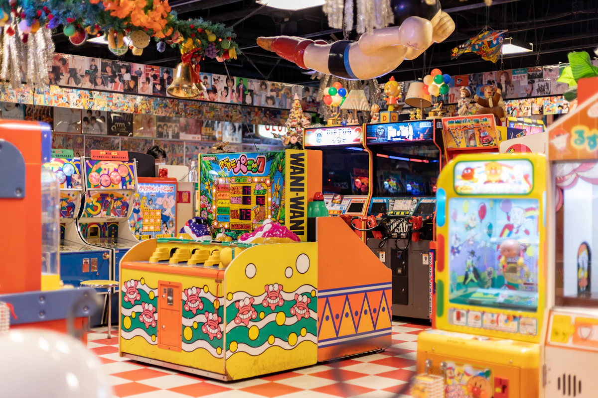 Colorful indoor arcade filled with family games