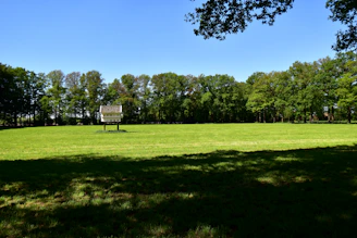 A green field with trees and a sign.