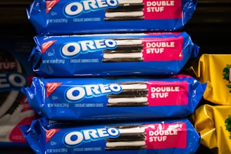 Stack of oreo double stuf packages on display.