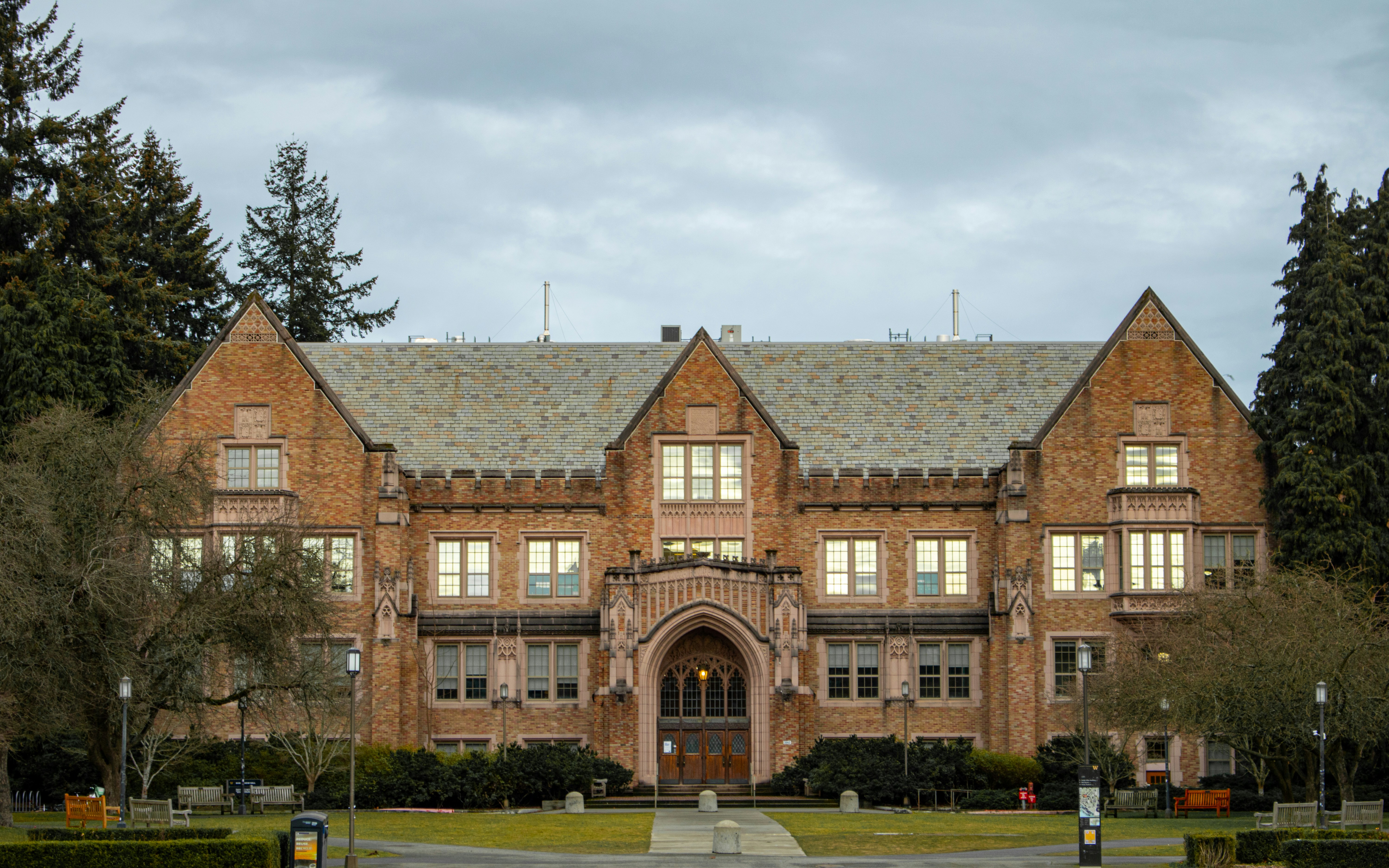 The historic red brick architecture of University of Washington campus in Seattle, home to the prestigious School of Dentistry