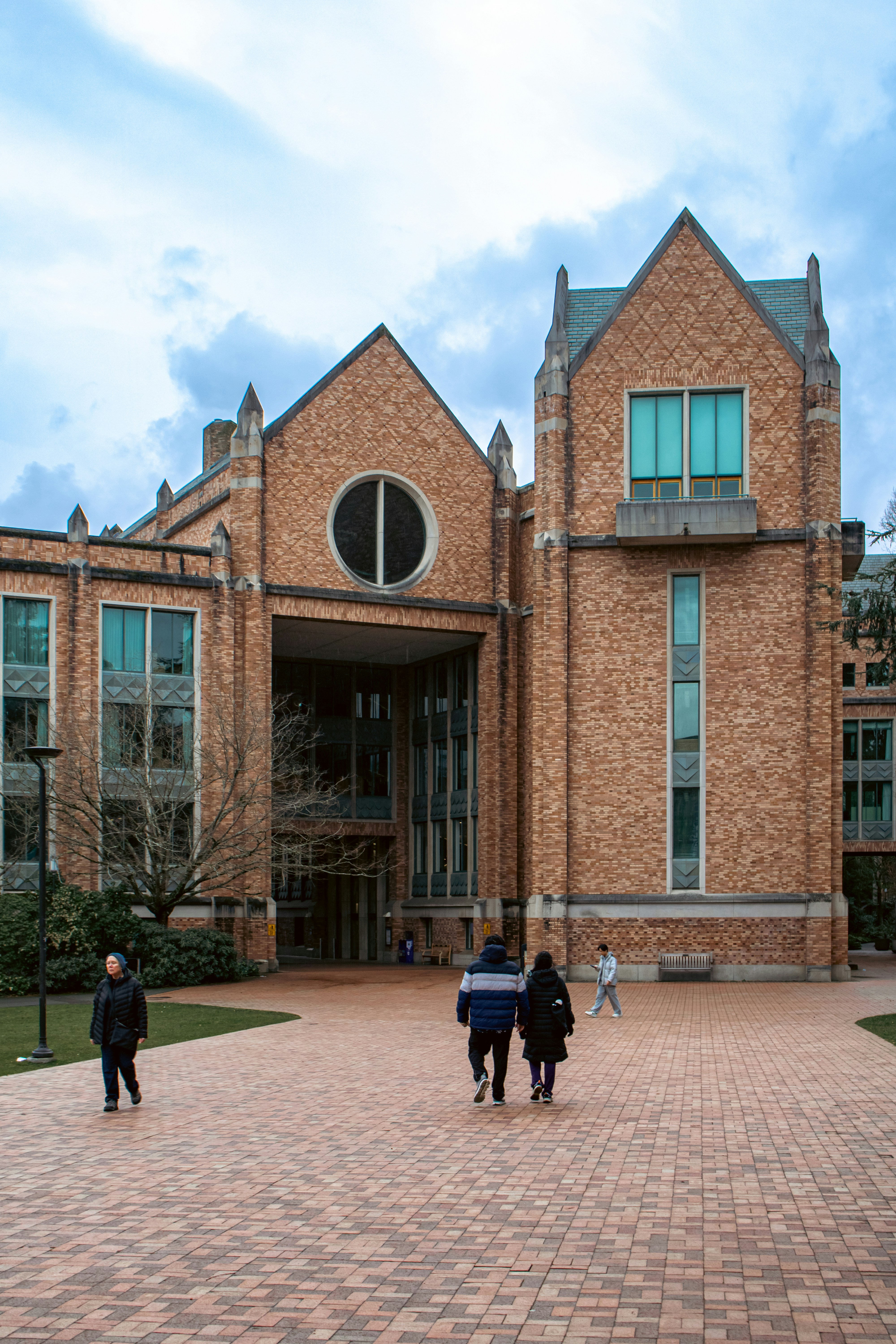 university campus with students walking