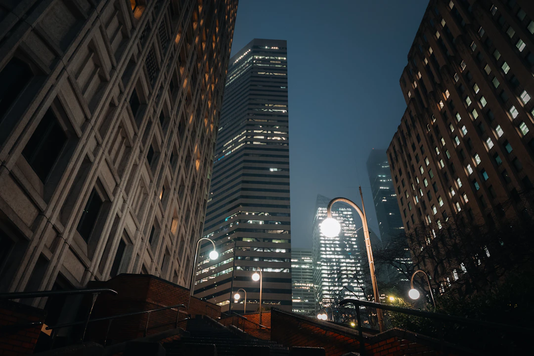 Illuminated buildings in downtown Seattle at night