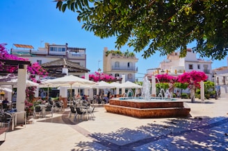 A sunny plaza features a fountain and outdoor cafe.