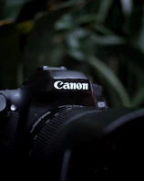 A canon camera with a blurred background.