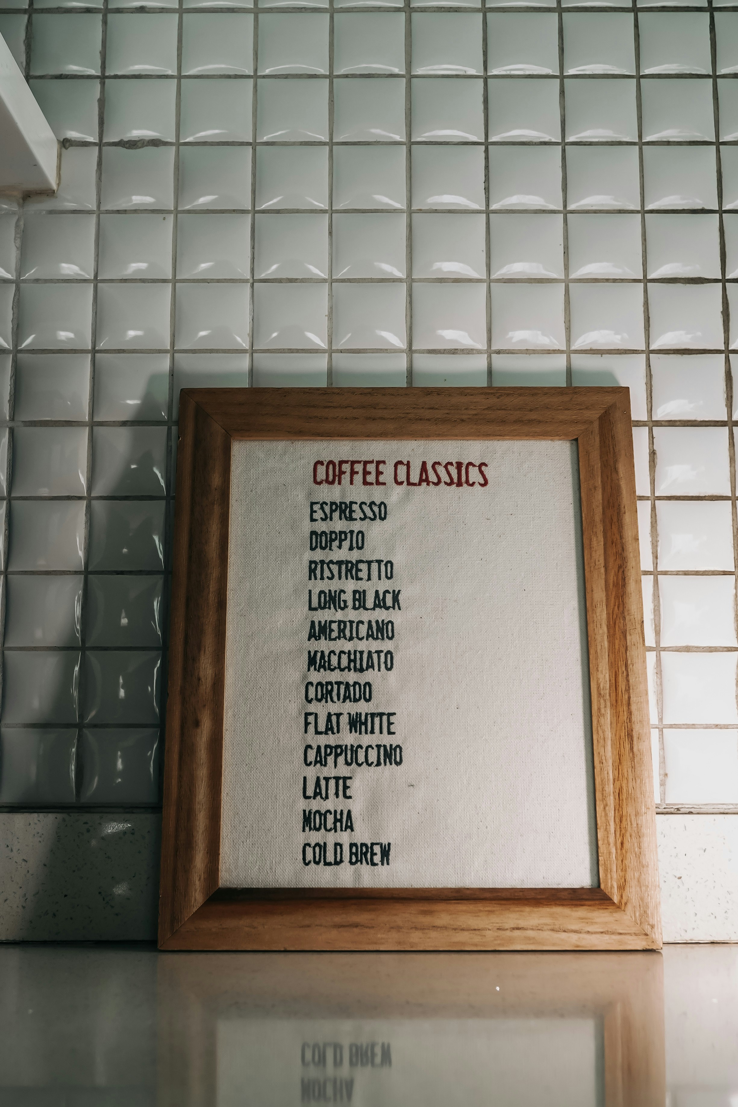 Coffee menu with various classic coffee drinks.