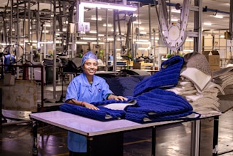 Worker in a factory folds towels.