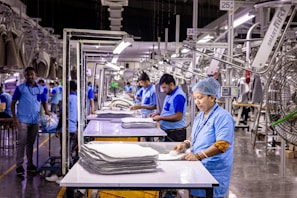 Workers are busy in an industrial garment factory.