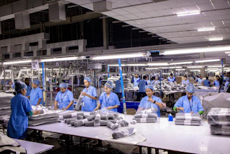 Workers are at an industrial clothing factory.