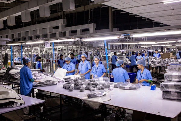 Workers sorting and packaging products in a factory