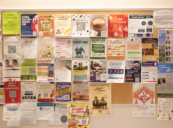 A corkboard covered edge to edge in flyers, like the low-quality backlinks a link audit turns up