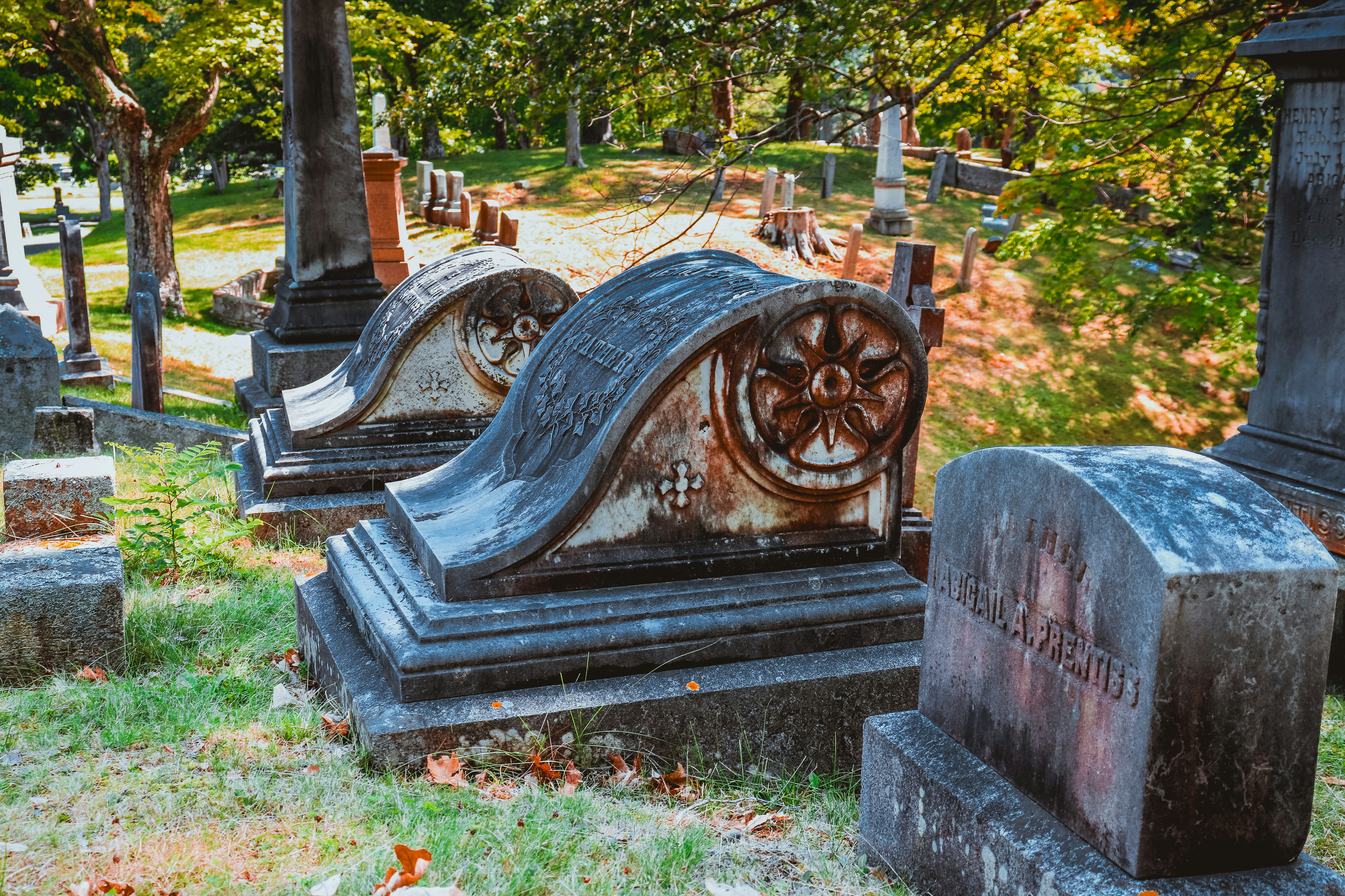 Old, weathered tombstones in a grassy cemetery.