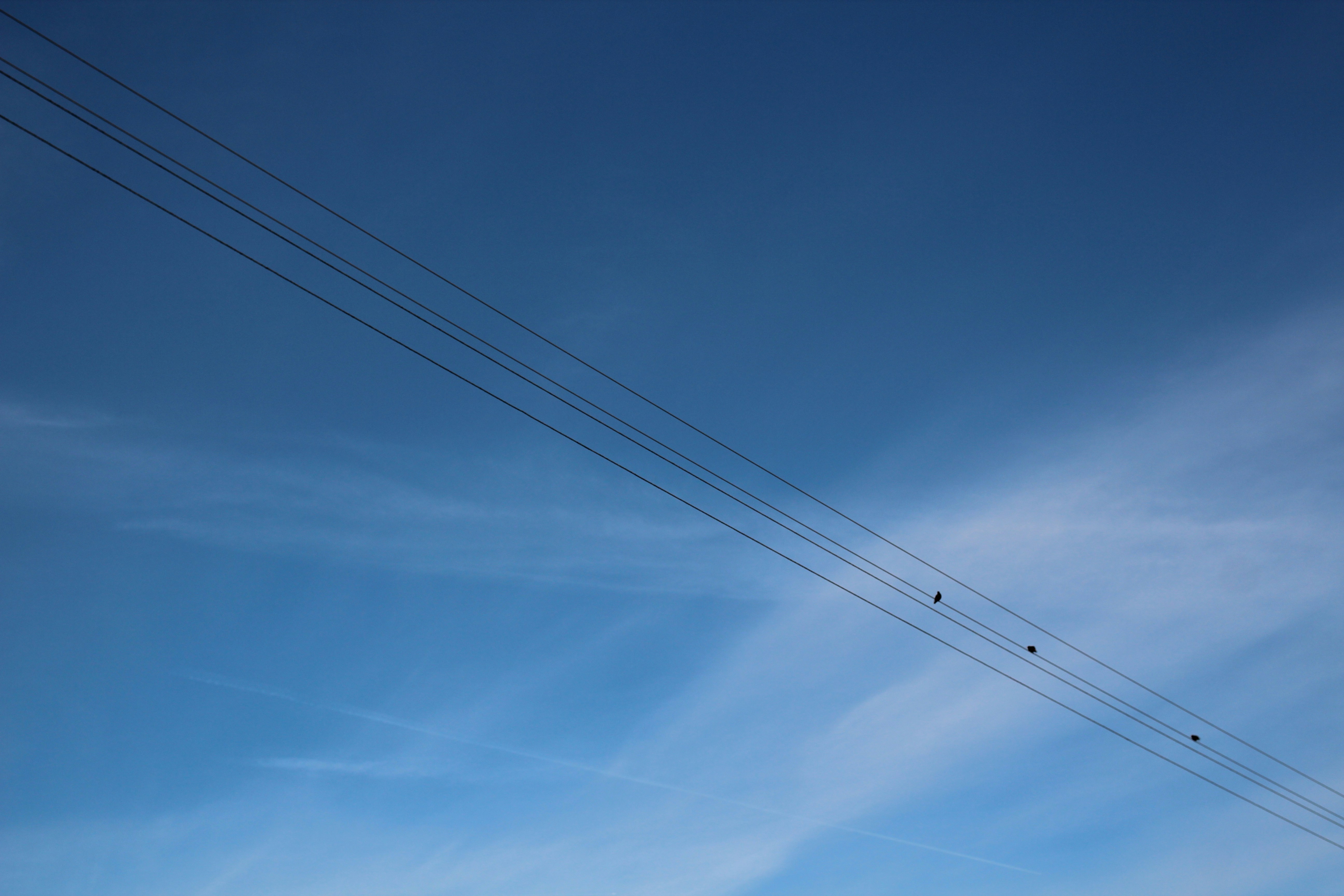 Power lines against a bright, blue sky.
