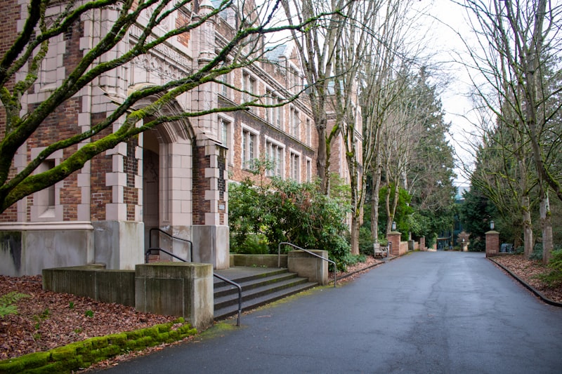 A quiet university campus with a brick building and tree-lined pathway