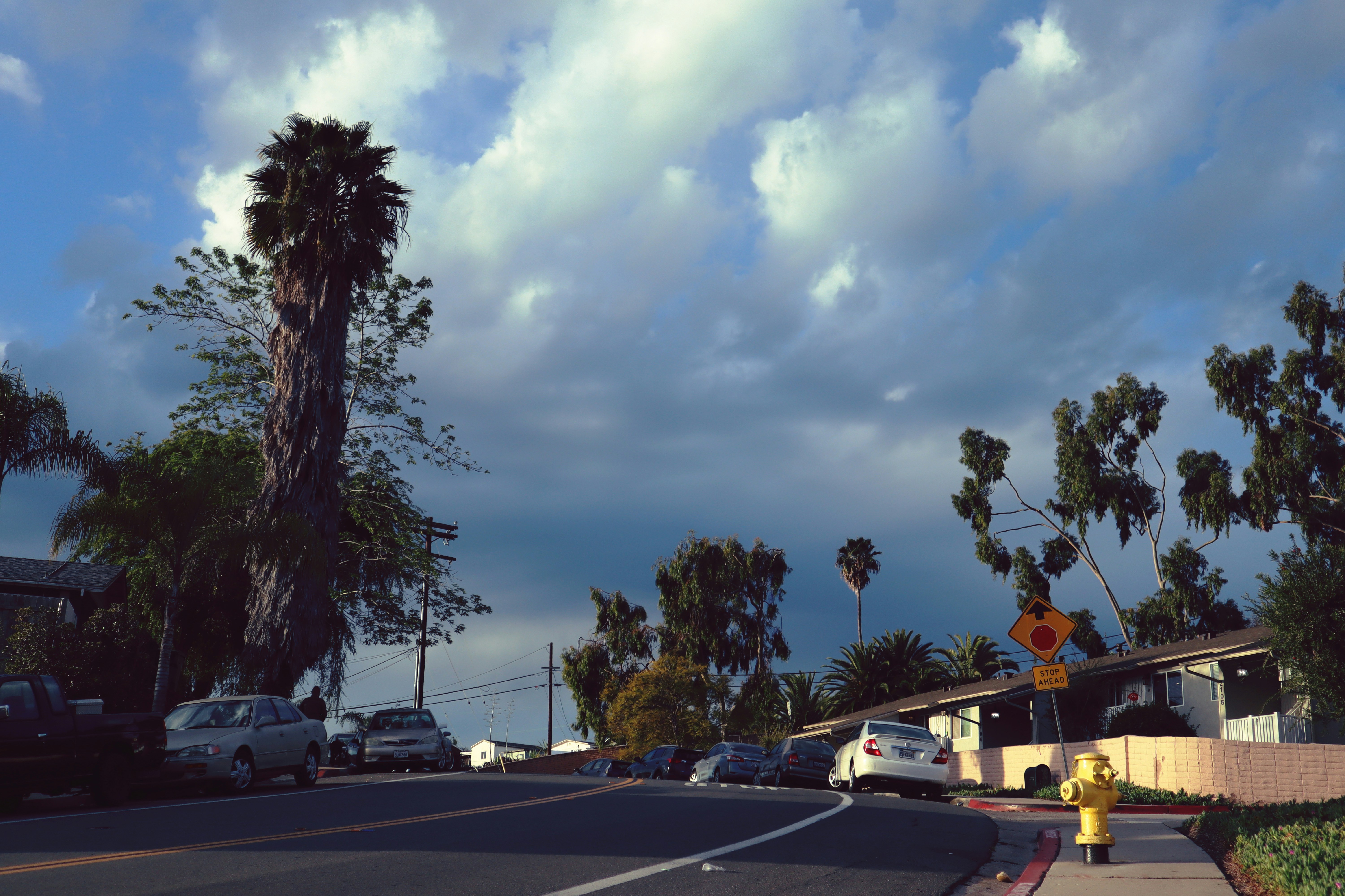 A street scene with cars, trees, and a cloudy sky.