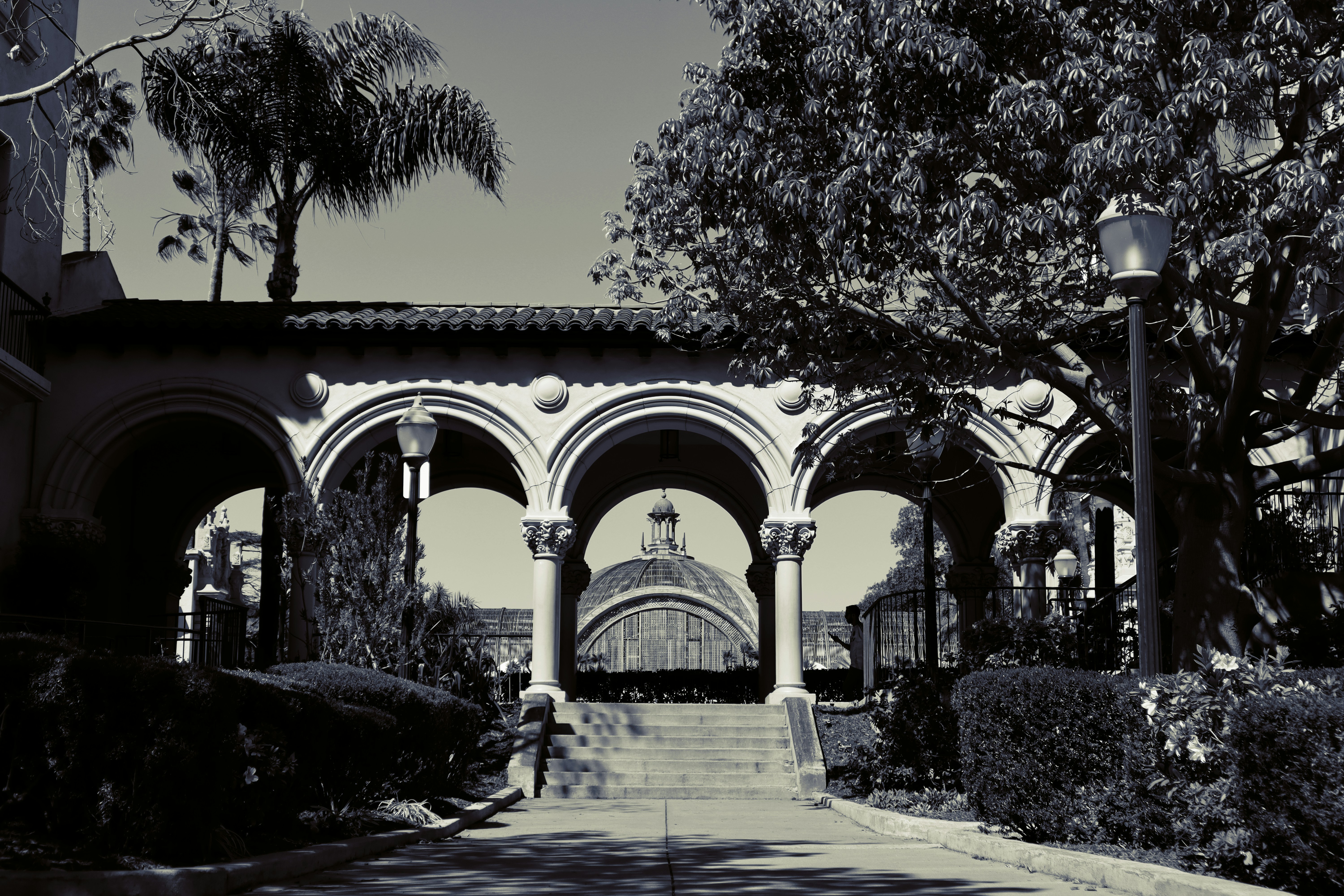 Arches and a dome in a vintage monochrome shot.