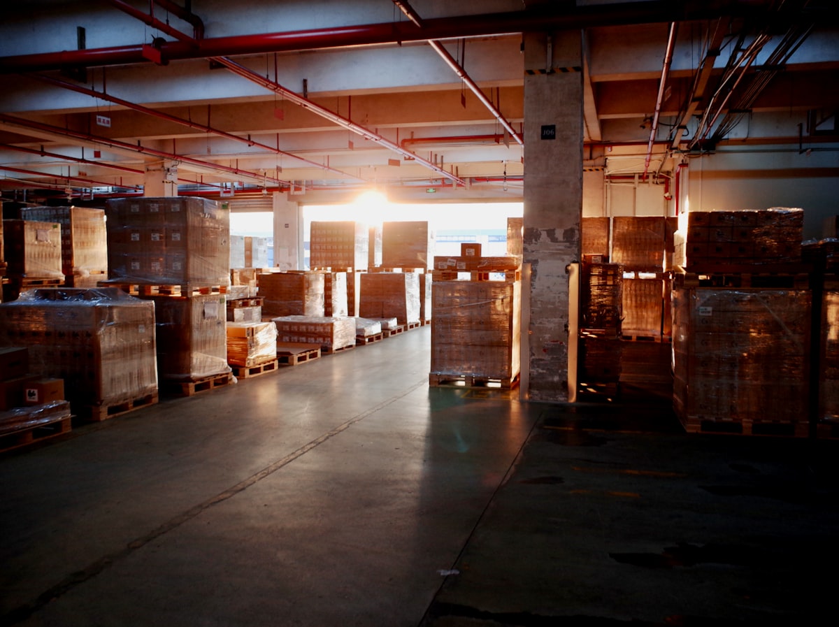 Warehouse interior with pallets organised on racking and circulation aisles