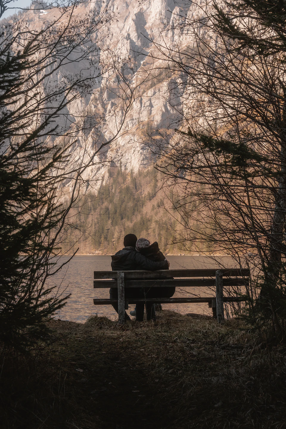 The image depicts a couple sitting on a bench, facing away from the camera and looking towards a mountain range in the distance. The man is wearing a black jacket, while the woman has her arms wrapped around him. They are positioned on a grassy area next to a body of water, with trees visible in the background.