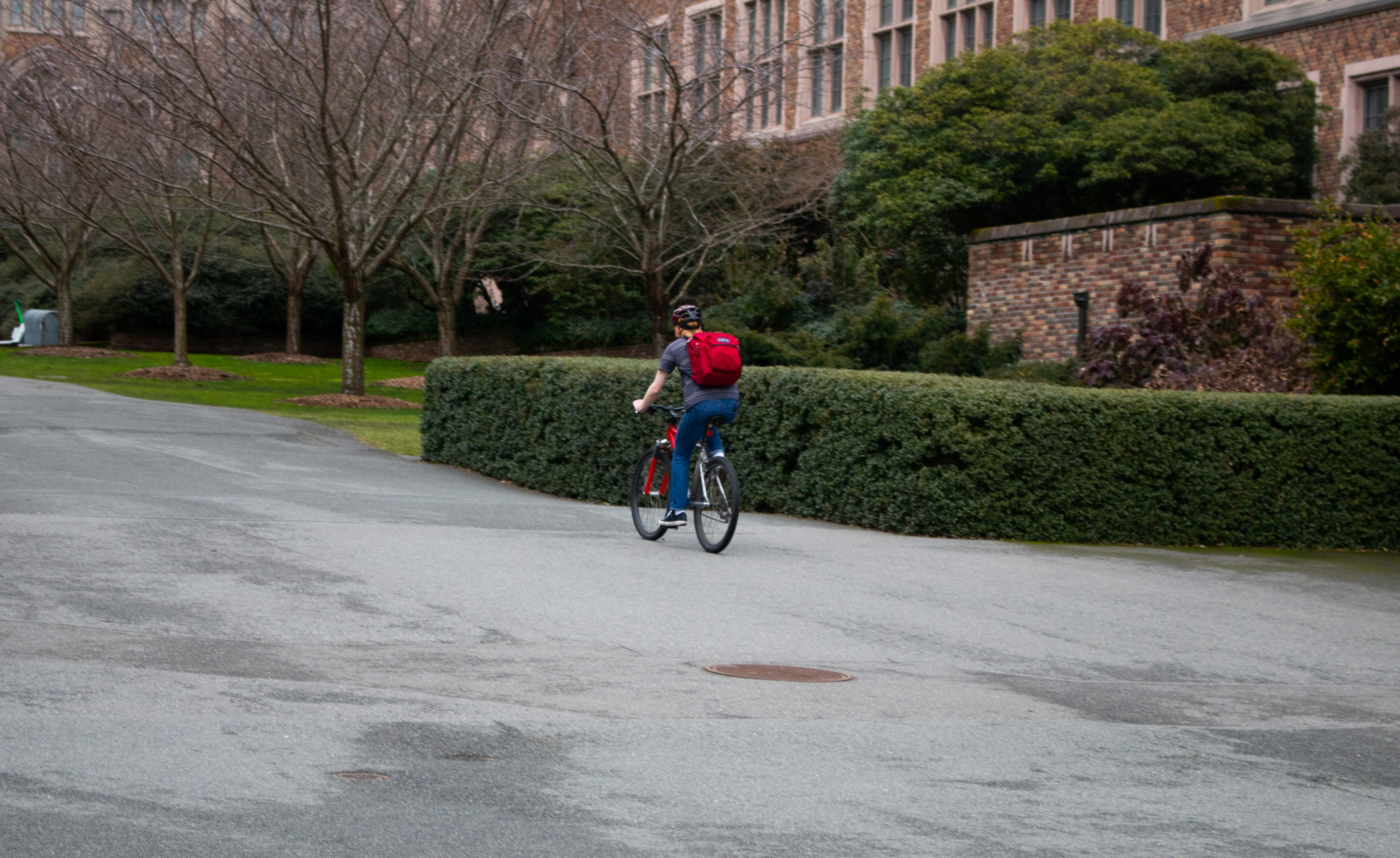 A person rides a bicycle on a street.