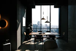 Modern dining room with a cityscape view