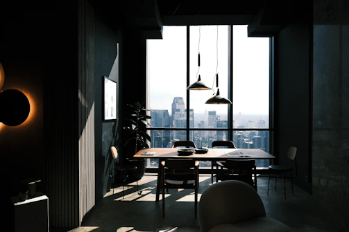 Modern dining room with a cityscape view