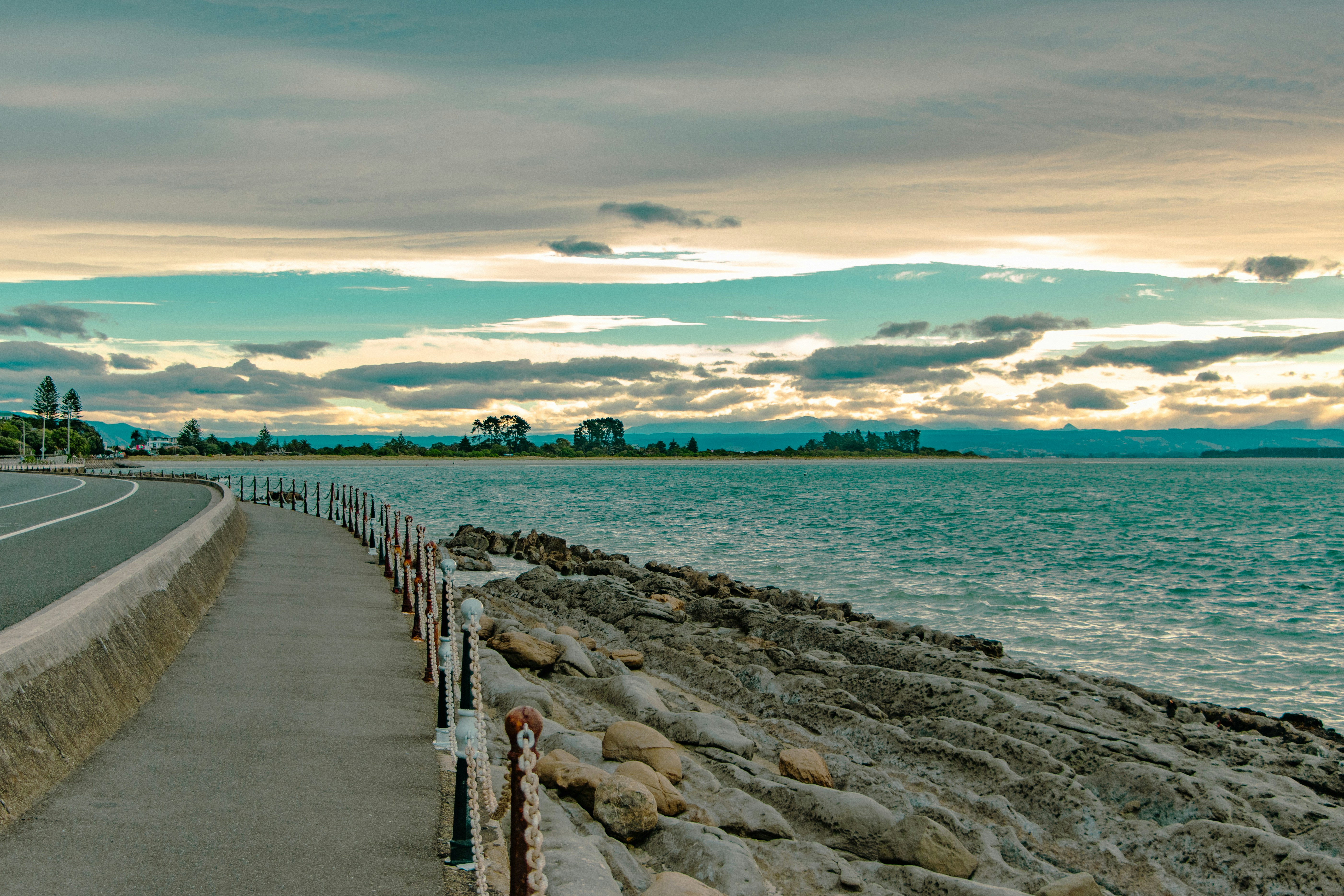 A coastal roadside view of the ocean.