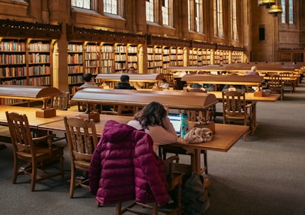 Students study in a beautiful, large library.