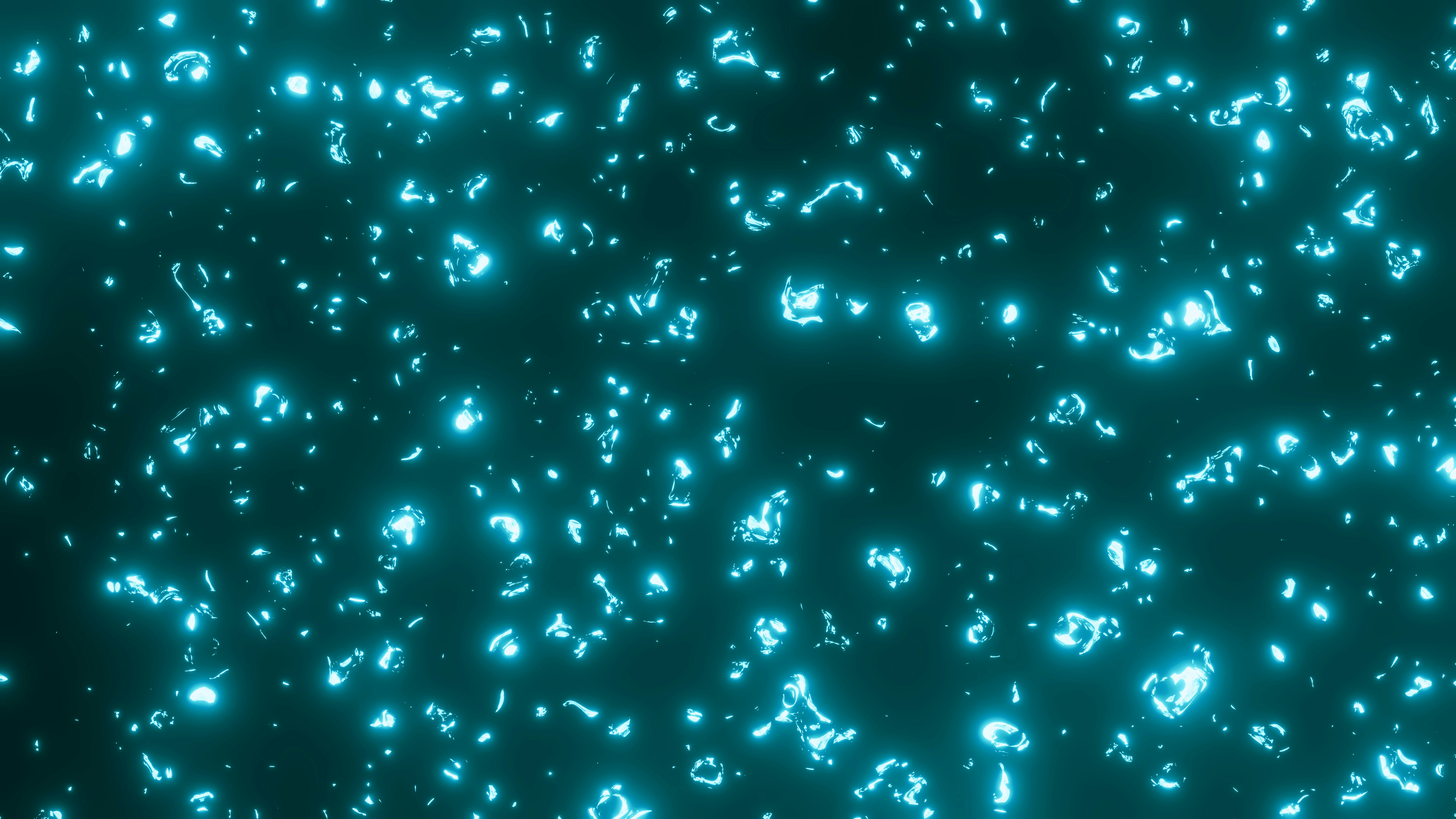 Blue glowing particles float in the dark.