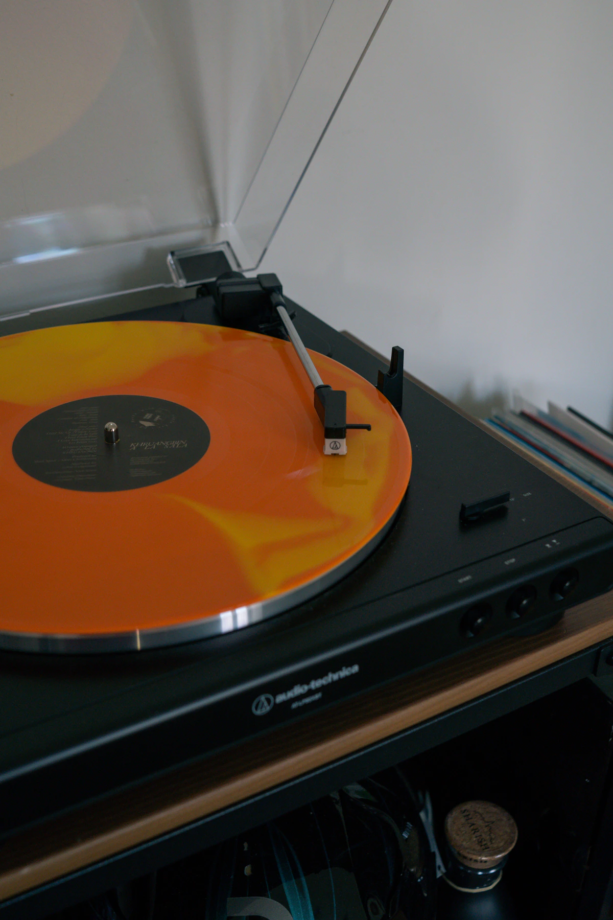 Vinyl record playing on a turntable