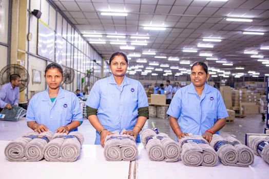 Workers pose with neatly rolled textiles in a factory.