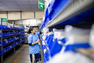 A worker searches through shelves in a warehouse.