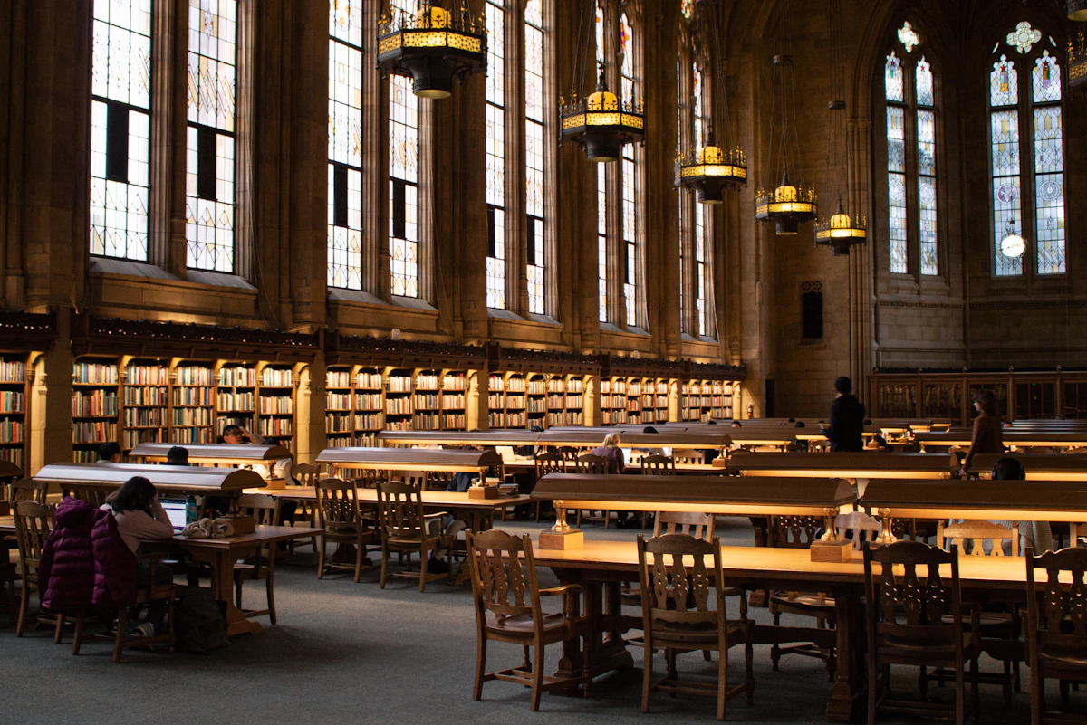 Wide interior of a large academic library