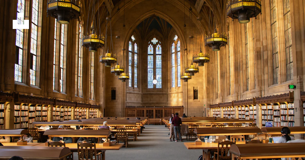 A beautiful library with tall windows and tables. photo – Free Building ...
