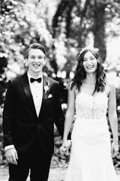 Happy bride and groom posing for a wedding photo.