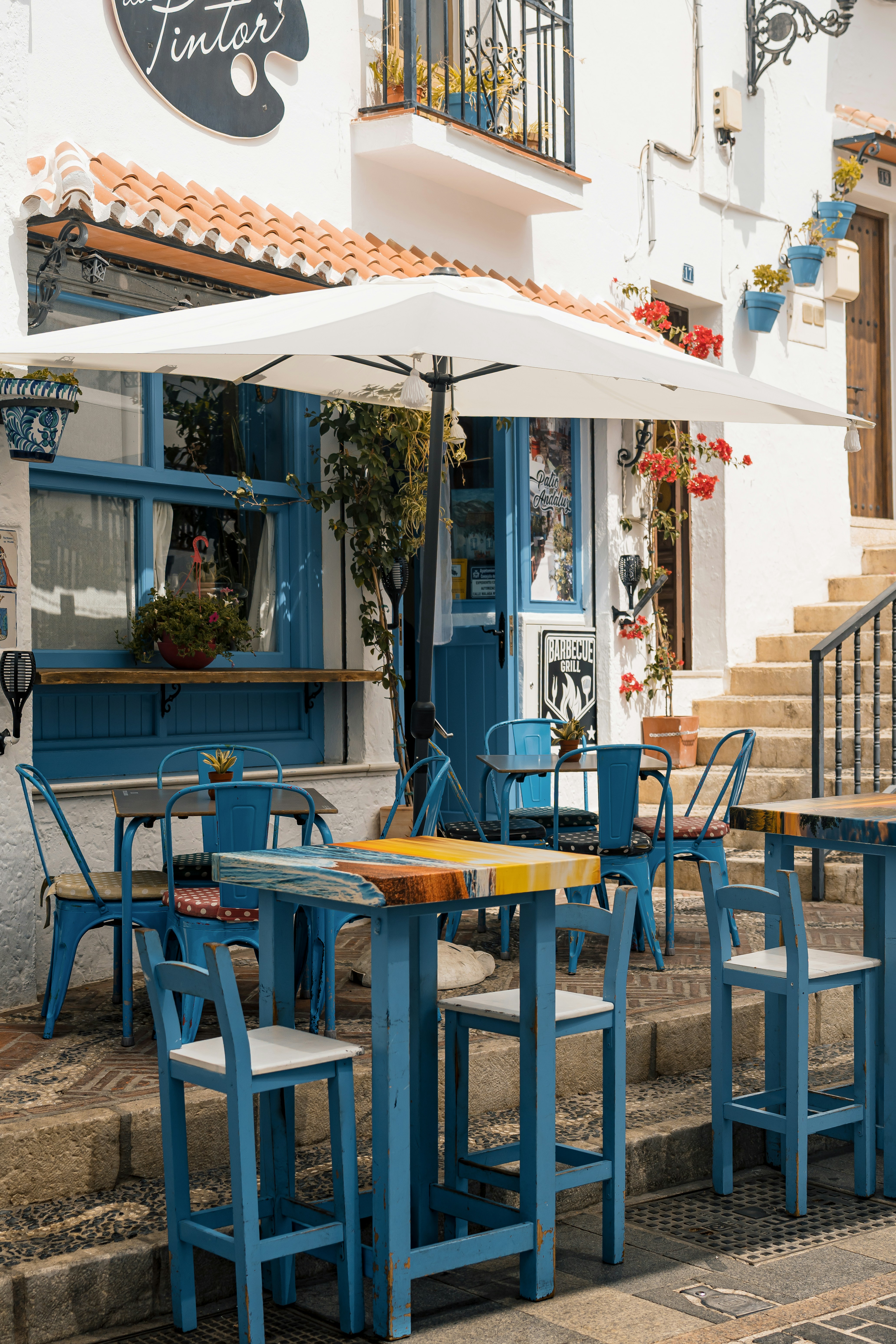 A blue-themed outdoor cafe.