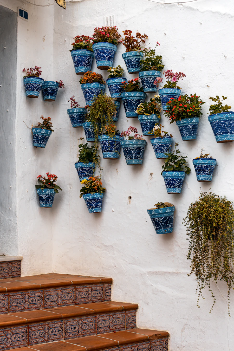 Whitewashed street with blue flowerpots in Mijas Pueblo
