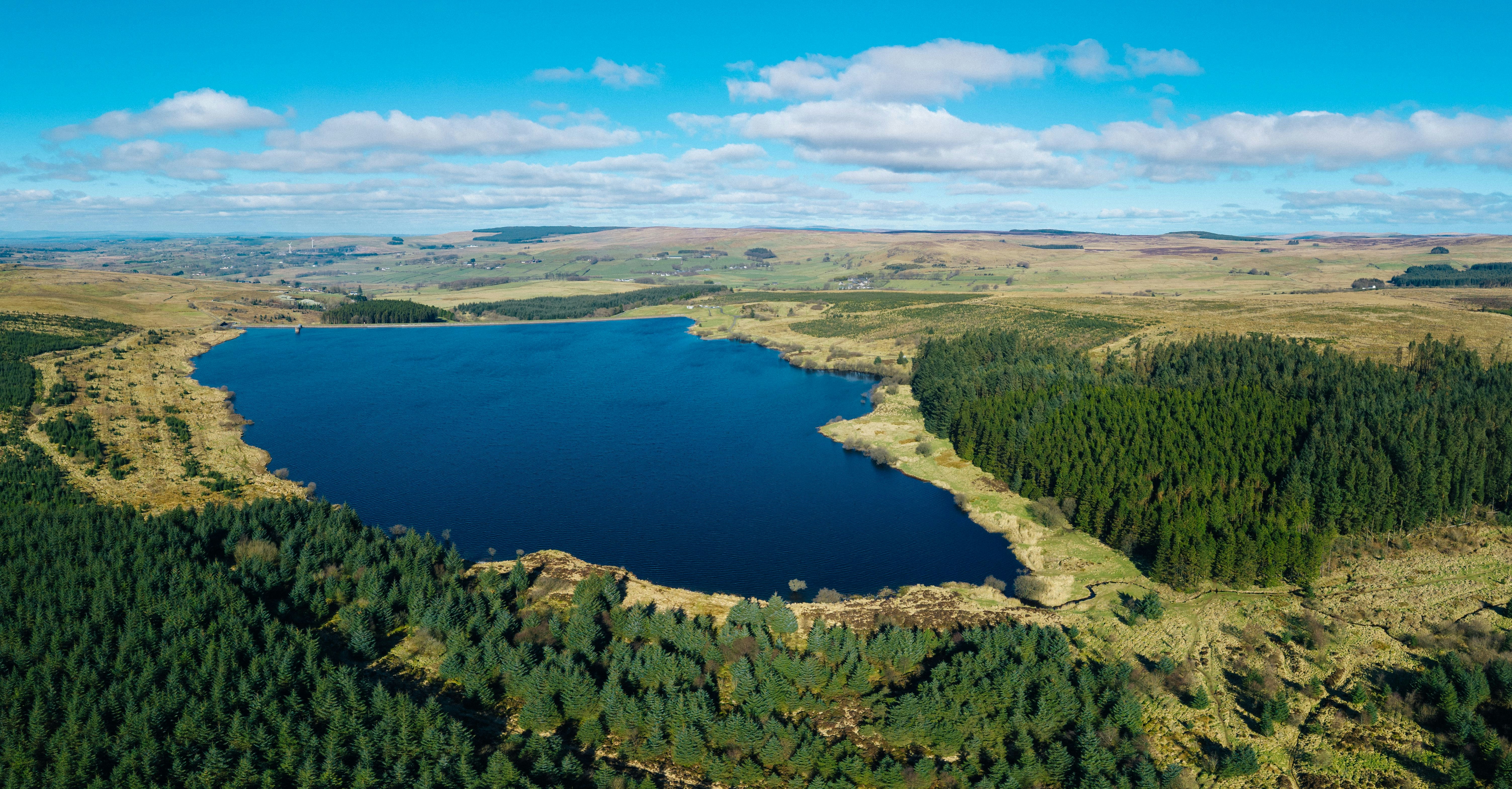 An aerial view of a beautiful lake landscape.