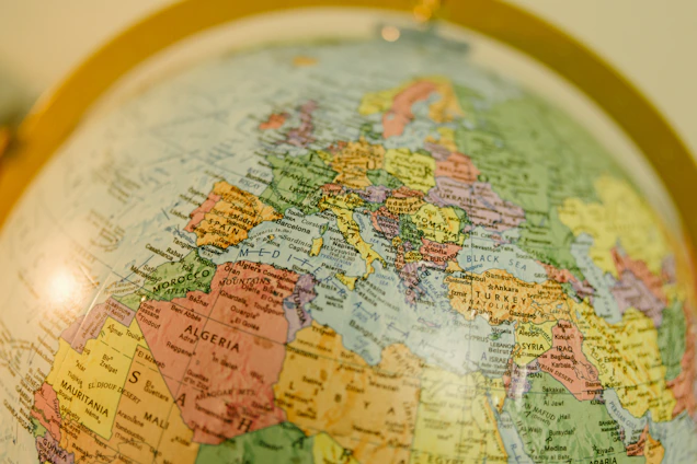 Close-up of a globe, showcasing european and african countries.