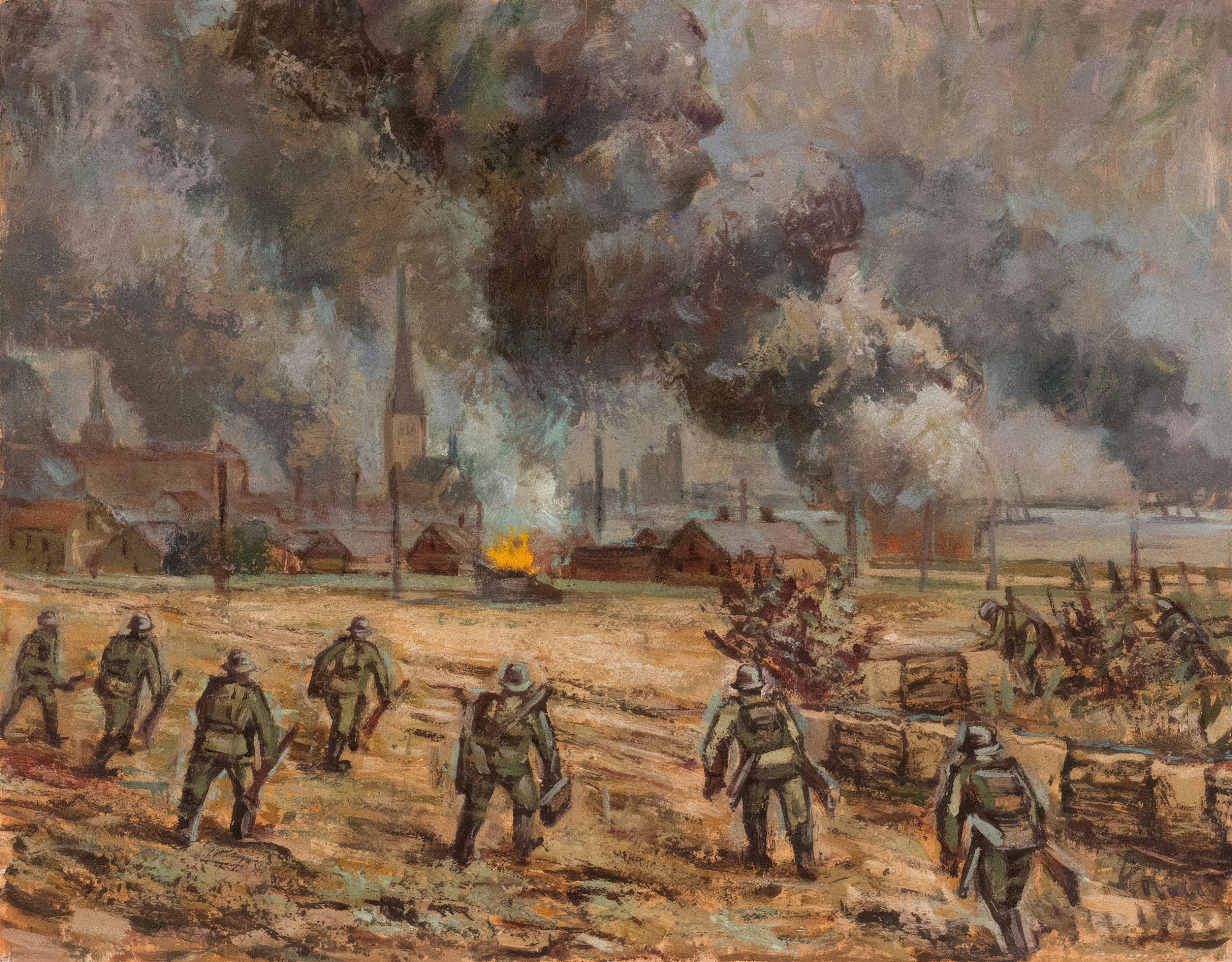 Soldiers advance through a burning, smoke-filled town.