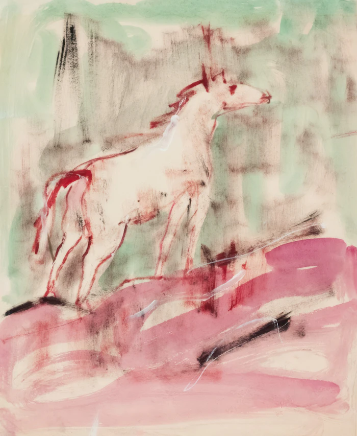 Tall vertical painting of a horse