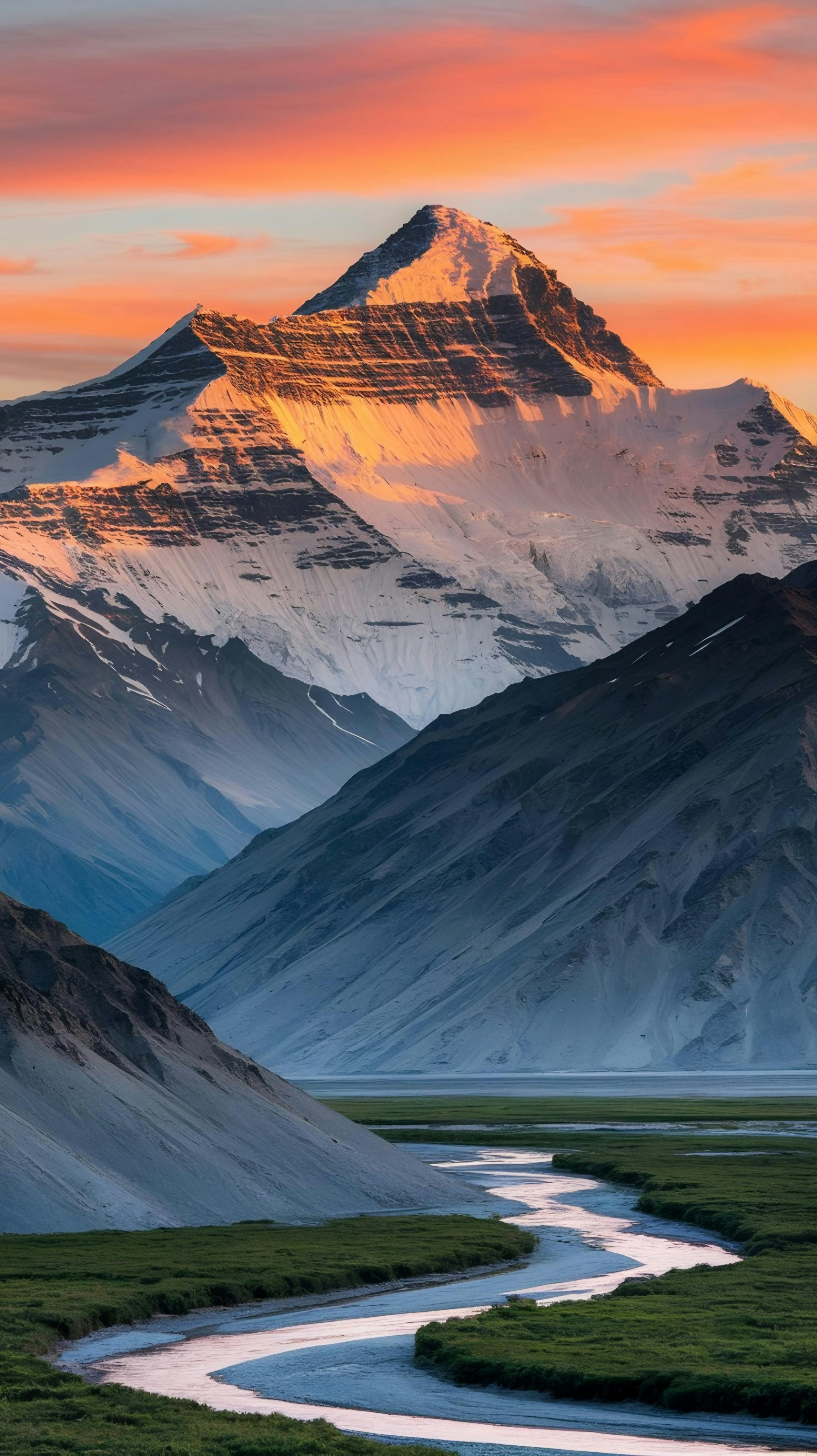 Snowy mountains rise above a winding river.