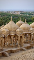 Ornate domes overlook a landscape with trees and buildings.