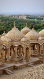 Ornate domes overlook a landscape with trees and buildings.