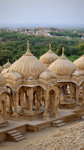 Ornate domes overlook a landscape with trees and buildings.