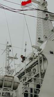 Man on a ship with a flag.