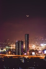 City skyline illuminated at night with a crescent moon.