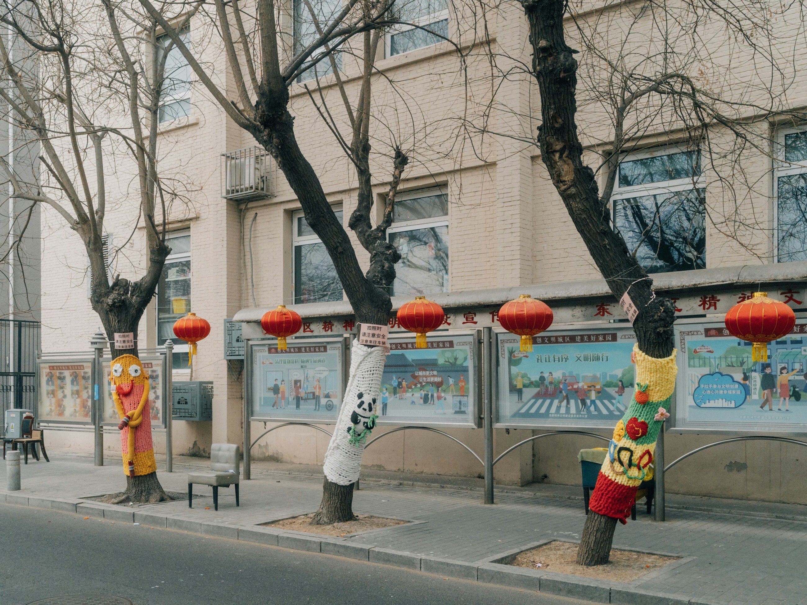 Trees decorated with lanterns and colorful fabric.