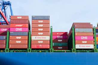 Shipping containers stacked on a cargo ship.